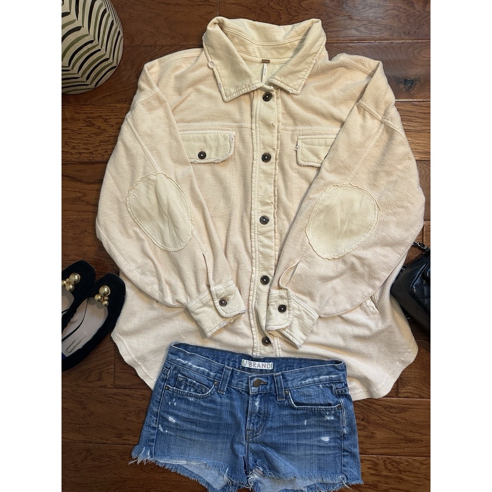 Free People Ruby Shirt Fleece Oversized Buttondown Shacket Jacket M Peach